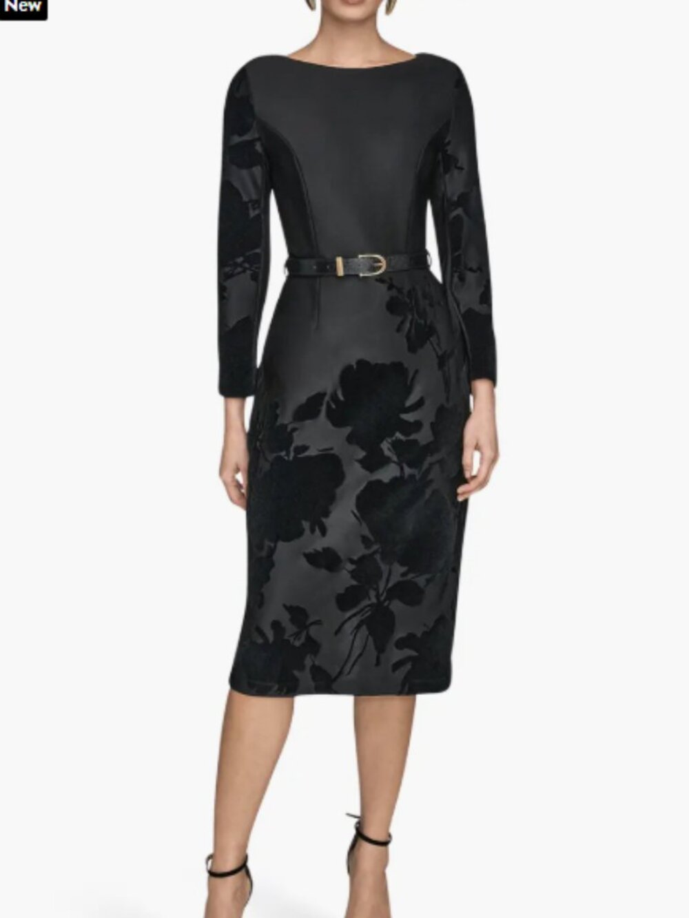 Donna Karan Velvet Floral Belted Long Sleeve Sheath Dress Size 4P NWT